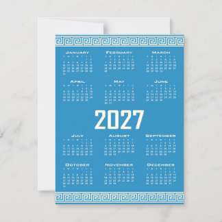 2027 Calendar, Greek Fret, Cosmic Latte on Blue Magnetic Invitation