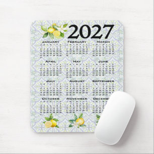 2027 Calendar, Greek Fret, Cosmic Latte on Blue Mouse Pad