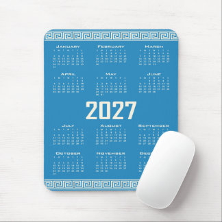 2027 Calendar, Greek Fret, Cosmic Latte on Blue Mouse Pad