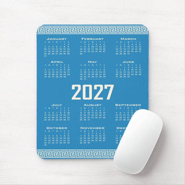 2027 Calendar, Greek Fret, Cosmic Latte on Blue Mouse Pad (With Mouse)