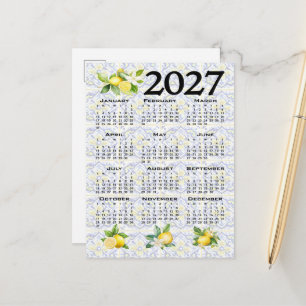 2027 Calendar, Greek Fret, Cosmic Latte on Blue Postcard