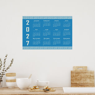 2027 Calendar, Greek Fret, Cosmic Latte on Blue Poster
