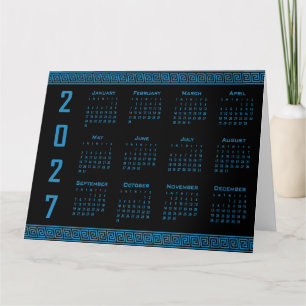 2027 Calendar, Greek Fret, Cosmos Blue on Black Card