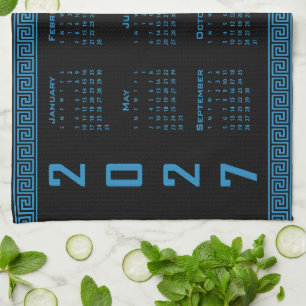 2027 Calendar, Greek Fret, Cosmos Blue on Black Kitchen Towel