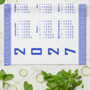 2027 Calendar, Greek Fret, Greek Blue on White Kitchen Towel
