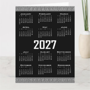 2027 Calendar, Greek Fret, White on Black Card