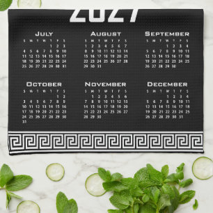 2027 Calendar, Greek Fret, White on Black Kitchen Towel