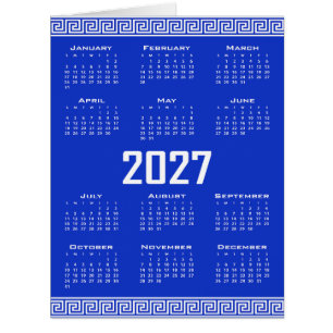 2027 Calendar, Greek Fret, White on Greek Blue