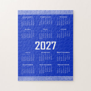 2027 Calendar, Greek Fret, White on Greek Blue Jigsaw Puzzle