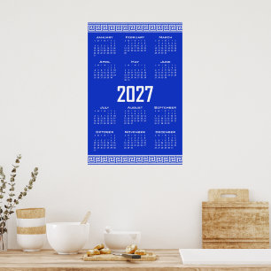 2027 Calendar, Greek Fret, White on Greek Blue Poster