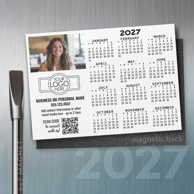 2027 Calendar Magnet -- logo, QR Code, Photo (2027 Calendar on a magnet)