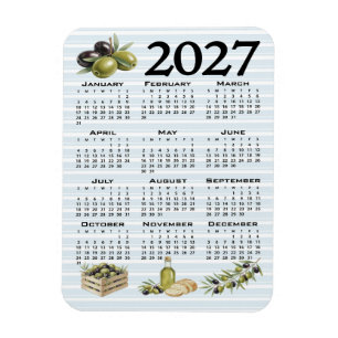2027 Calendar, Mediterranean Olives, Blue Stripes Magnet
