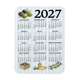 2027 Calendar, Mediterranean Olives, Blue Stripes Magnet