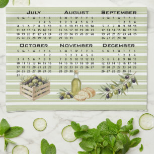 2027 Calendar, Mediterranean Olives, Green Stripes Kitchen Towel