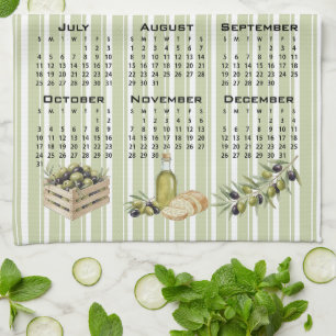 2027 Calendar, Mediterranean Olives, Green Stripes Kitchen Towel