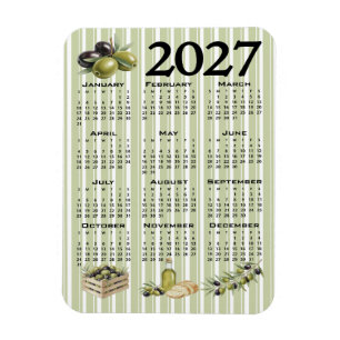 2027 Calendar, Mediterranean Olives, Green Stripes Magnet