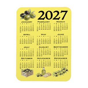 2027 Calendar, Mediterranean Olives. Yellow Magnet