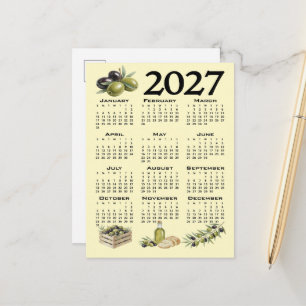 2027 Calendar, Mediterranean Olives, Yellow Postcard