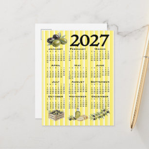 2027 Calendar, Mediterranean Olives Yellow Stripes Postcard