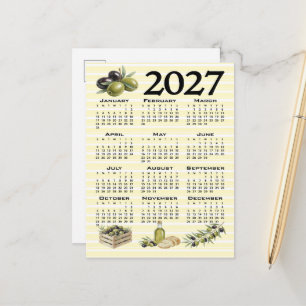 2027 Calendar, Mediterranean Olives Yellow Stripes Postcard