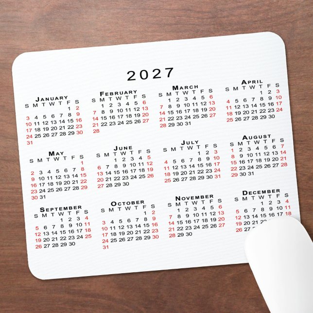 2027 Calendar Simple White Black Red Mouse Pad (2027 Calendar Simple White Black Red Mouse Pad in situ)