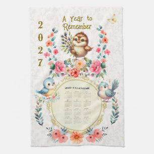 2027 Calendar Towel Cute Folk Floral Birds 