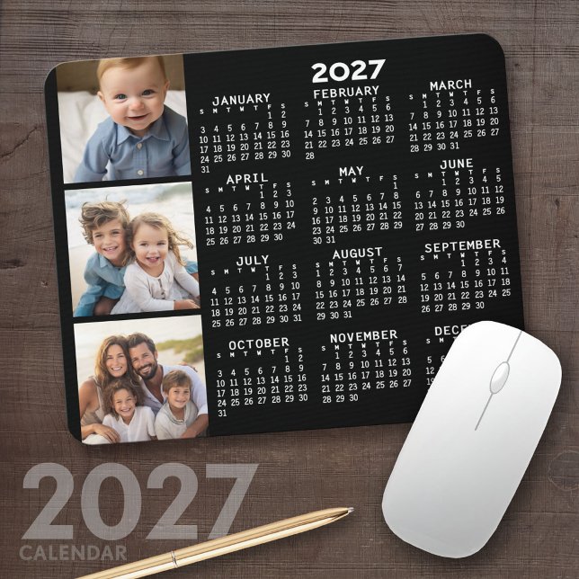 2027 Calendar with 3 Photo Collage - black Mouse Pad (2027 Calendar Mousepad)