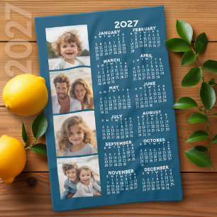 2027 Calendar with 4 Photo Collage Blue Kitchen Towel