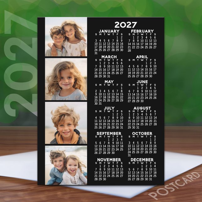 2027 Calendar with 4 Photo Collage Postcard (2027 Calendar on a Postcard)