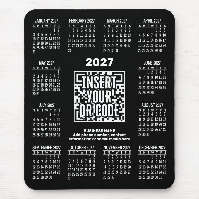 2027 Calendar with QR Code Contact Info Black Mouse Pad (Front)