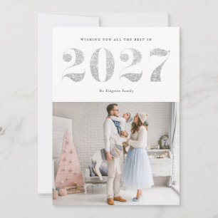 2027 Faux Silver Glitter Modern Happy New Year Holiday Card