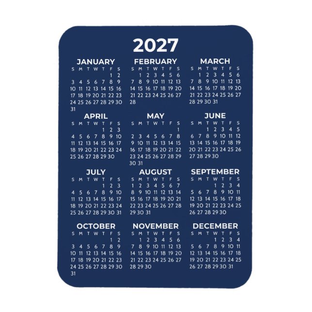 2027 Full Year Calendar Basic Mini Navy Blue Magnet (Vertical)