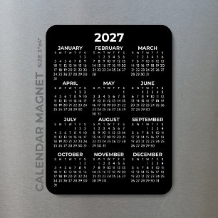 2027 Full Year Calendar Basic Minimal Mini Black  Magnet