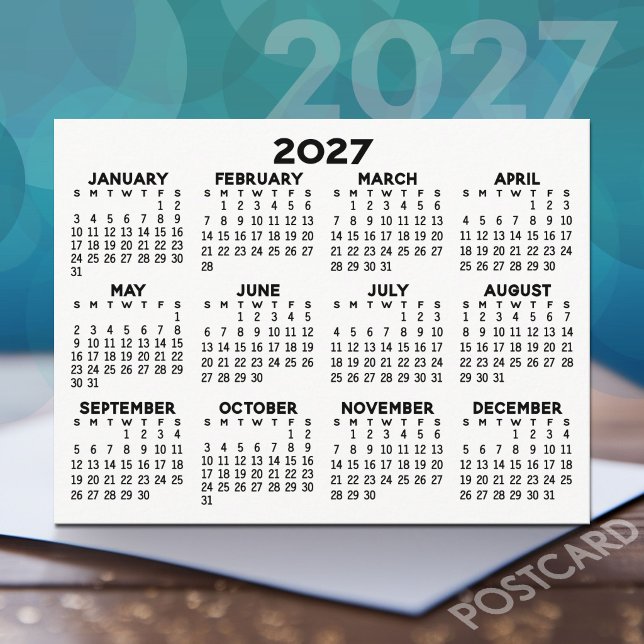 2027 Full Year View Calendar - horizontal Black Postcard (2027 Calendar on a Postcard)