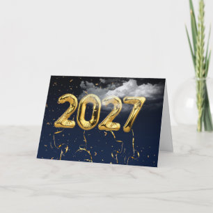 2027 Gold Foil Balloons in Clouds Card