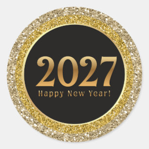 2027 happy new year,gold black metallic sparkles  classic round sticker