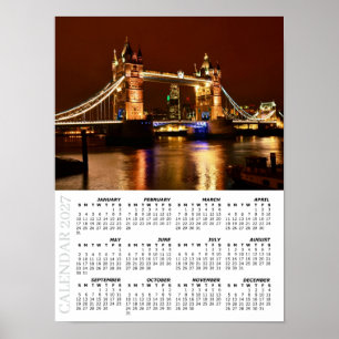 2027 London Calendar, Tower Bridge at Night / UK Poster