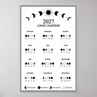 2027 Lunar Cycles Minimalist Moon Phase Calendar Poster