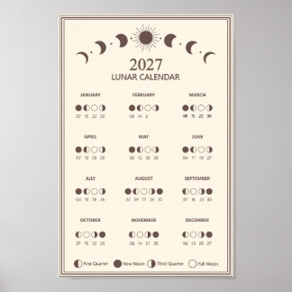 2027 Lunar Cycles Minimalist Moon Phase Calendar Poster