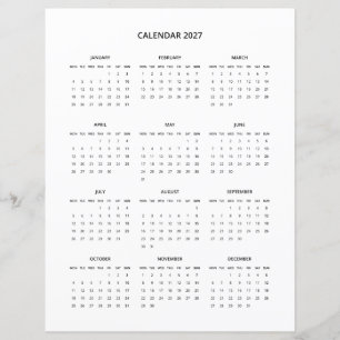 2027 Modern Minimalist Printable Calendar in Black