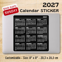 2027 monthly black Calendar Stickers Sunday Week