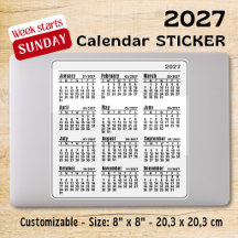 2027 monthly white Calendar Stickers Sunday Week