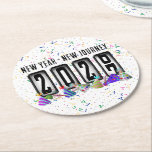 2027 Odometer New Years Party Round Paper Coaster<br><div class="desc">* HAPPY NEW YEAR 2027! * Fun party hats and confetti to celebrate the New Year. * Dimensions: 4" x 4" * Sold as sets of 6 * Tough, durable, and absorbent – perfect for New Years parties * Several shapes to choose from. * You can personalize by changing the...</div>