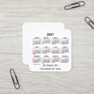 2027 White 52 Week ISO Calendar by Janz Square Business Card