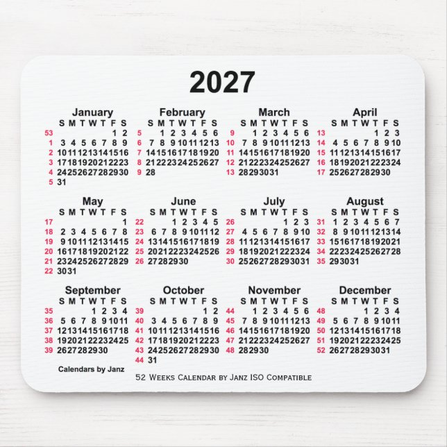 2027 White 52 Weeks ISO Calendar by Janz Mouse Pad (Front)
