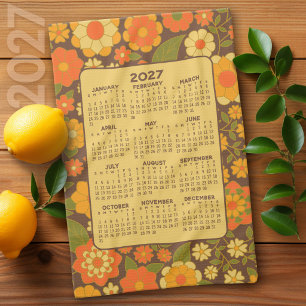 2027 Year Calendar - Retro Flowers - Green Brown Kitchen Towel