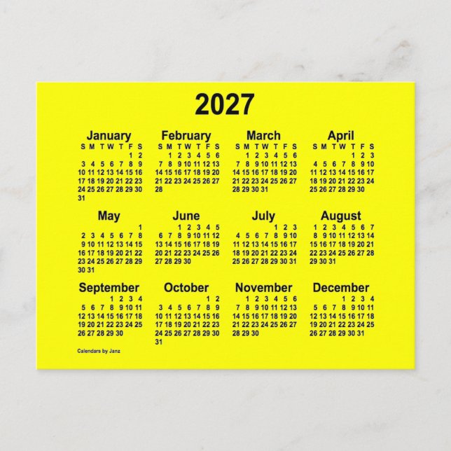 2027 Yellow Mini Calendar by Janz Postcard (Front)