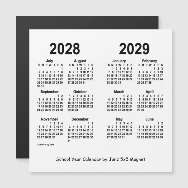 2028-2029 White School Year Calendar by Janz (Front/Back)