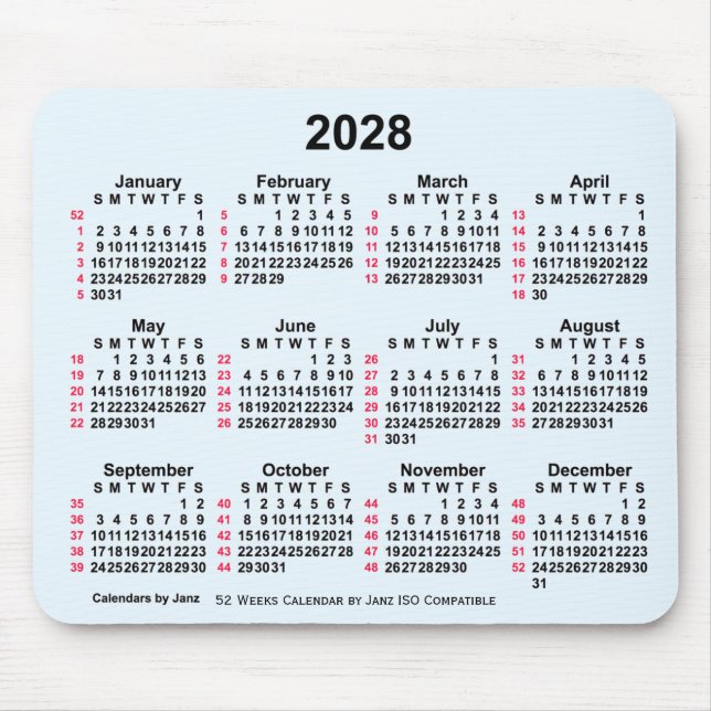 2028 Alice Blue 52 Weeks ISO Calendar by Janz Mouse Pad (Front)