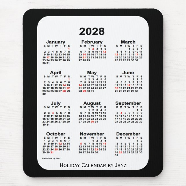 2028 Holiday Two Tone Black Calendar by Janz Mouse Pad (Front)